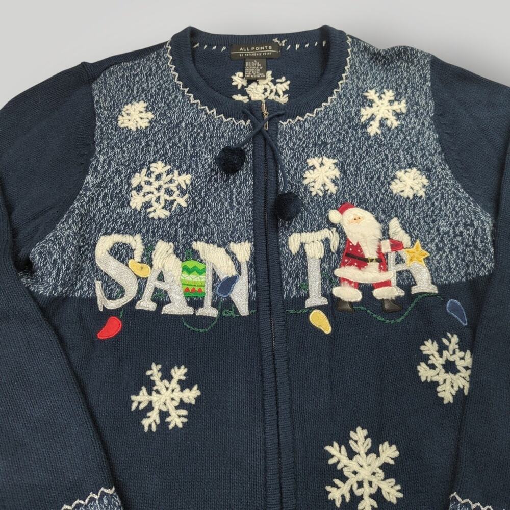 All Points by Reference Point Santa Christmas Cardigan Sweater Women’s L Zip Up